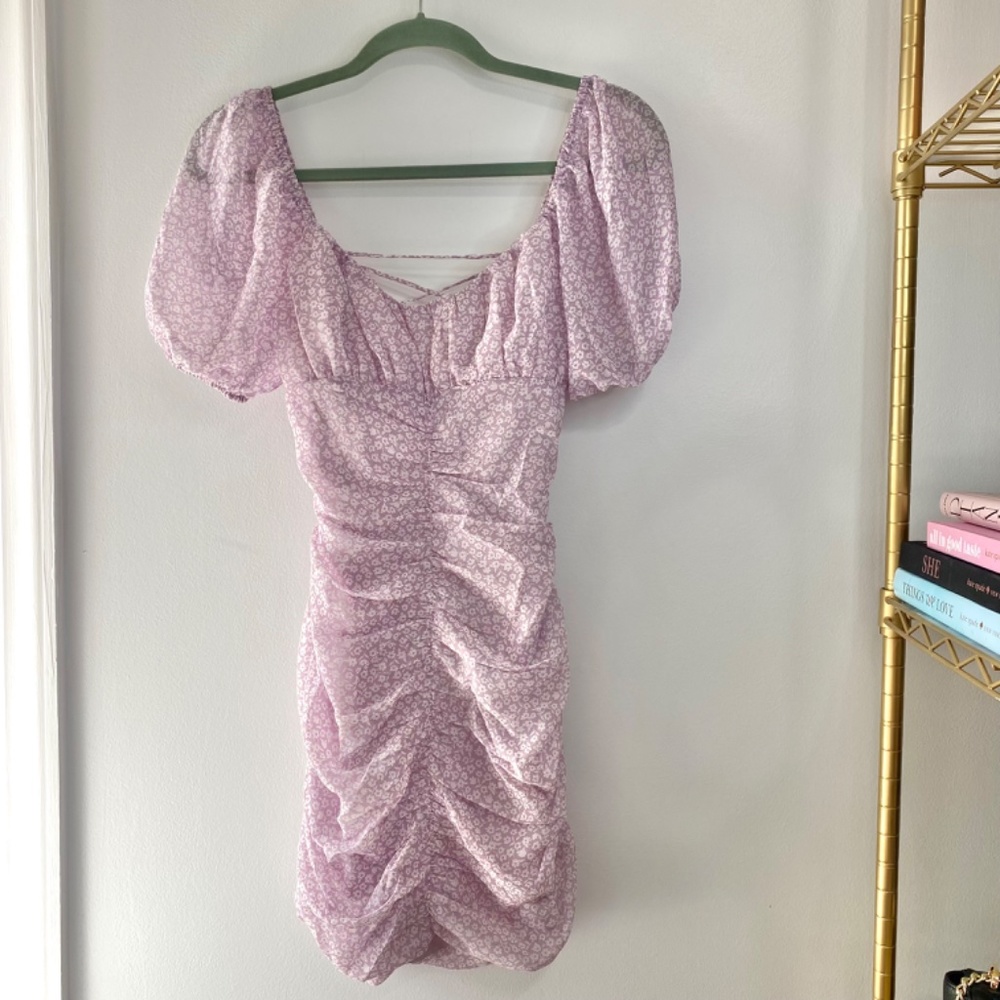 NWT Red Dress Boutique Purple Puff Sleeve Dress w/ Lace Up Open Back - Picture 3 of 16